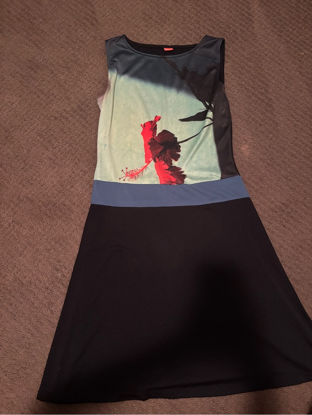 Sleeveless Floral Print Fit-and-Flare Dress in Black, Aqua & Red